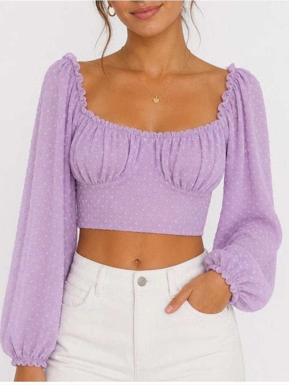 NWOT SHEIN Lavender Swiss Dot Smocked Babydoll Top - Lavender